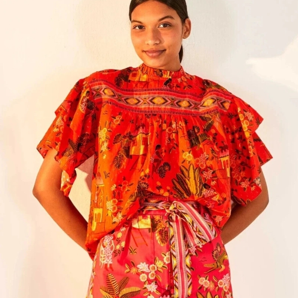 FARM Rio Vibrant Red and Orange Floral Blouse